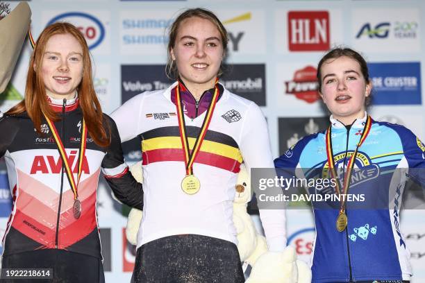 Belgian Lobke Spinnoy, Belgian Elise Coussens and Belgian Phebe Blieck pictured on the podium after the women's U17 race at the Belgian Championships...