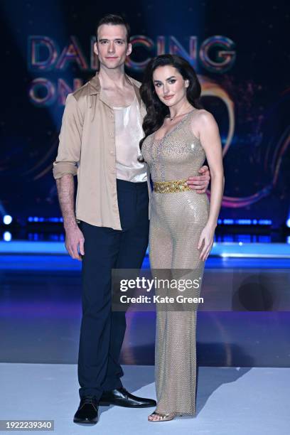 Simon Proulx-Sénécal and Amber Davies attend the "Dancing On Ice" photocall at Bovingdon Film Studios on January 10, 2024 in London, England.