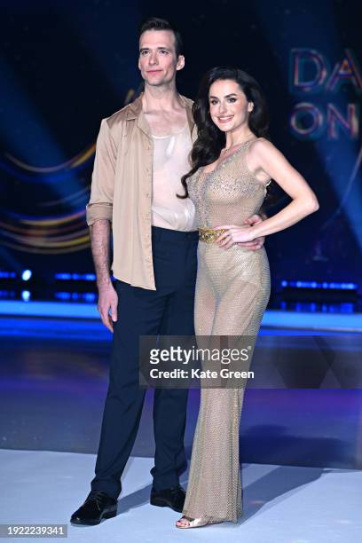 Simon Proulx-Sénécal and Amber Davies attend the "Dancing On Ice" photocall at Bovingdon Film Studios on January 10, 2024 in London, England.