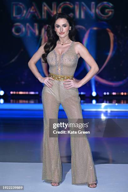 Amber Davies attends the "Dancing On Ice" photocall at Bovingdon Film Studios on January 10, 2024 in London, England.