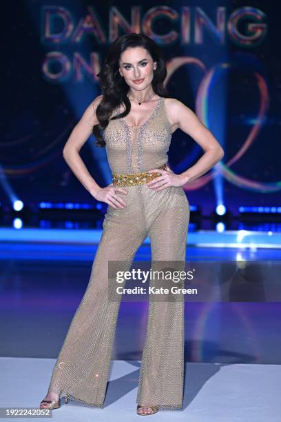 Amber Davies attends the "Dancing On Ice" photocall at Bovingdon Film Studios on January 10, 2024 in London, England.