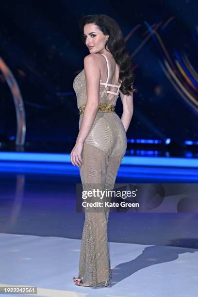 Amber Davies attends the "Dancing On Ice" photocall at Bovingdon Film Studios on January 10, 2024 in London, England.