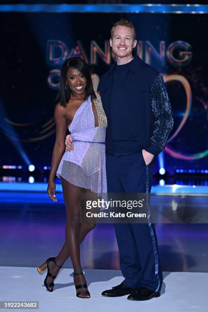 Vanessa James and Greg Rutherford MBE attend the "Dancing On Ice" photocall at Bovingdon Film Studios on January 10, 2024 in London, England.