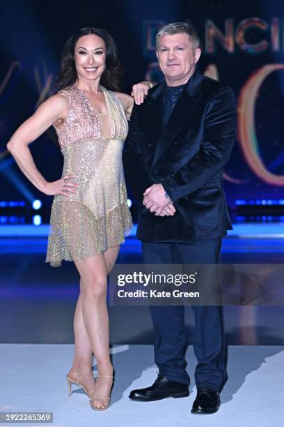 Robin Johnstone and Ricky Hatton attend the "Dancing On Ice" photocall at Bovingdon Film Studios on January 10, 2024 in London, England.