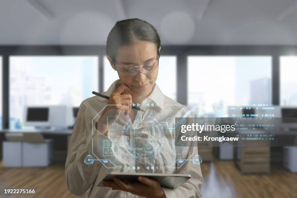 business woman use the virtual screen to manage online document files. - interview icon stock pictures, royalty-free photos & images