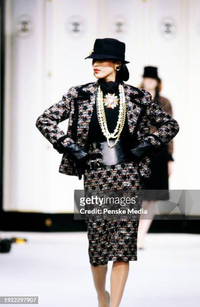 Model walks in the Chanel Fall 1983 Ready to Wear Runway Show on March 21 in Paris, France.