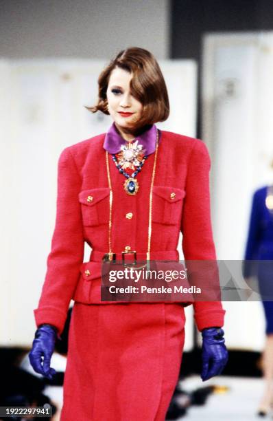 Model walks in the Chanel Fall 1983 Ready to Wear Runway Show on March 21 in Paris, France.