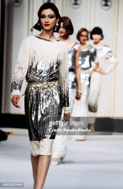 Model walks in the Chanel Fall 1983 Ready to Wear Runway Show on March 21 in Paris, France.