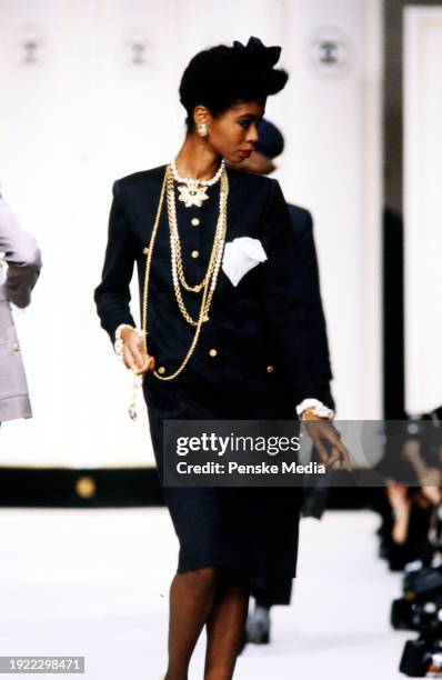 Model walks in the Chanel Fall 1983 Ready to Wear Runway Show on March 21 in Paris, France.