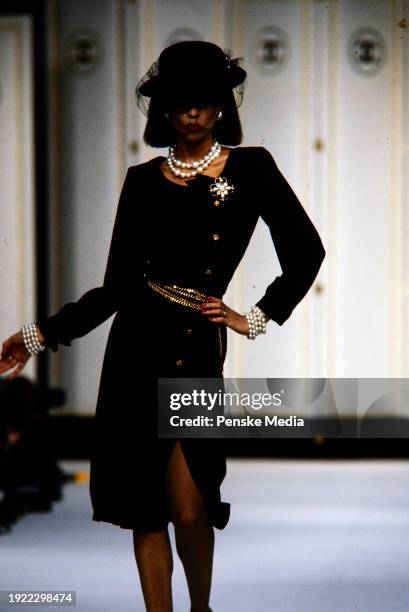 Model walks in the Chanel Fall 1983 Ready to Wear Runway Show on March 21 in Paris, France.