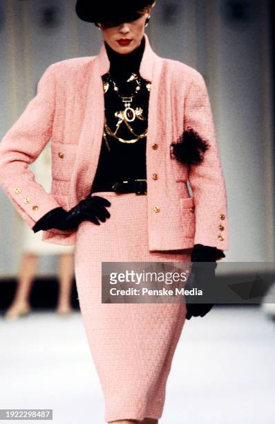 Model walks in the Chanel Fall 1983 Ready to Wear Runway Show on March 21 in Paris, France.