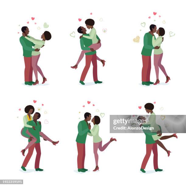 set of african american loving couples embracing each other affectionately. celebrating valentine's day. - man kissing womans arm stock illustrations
