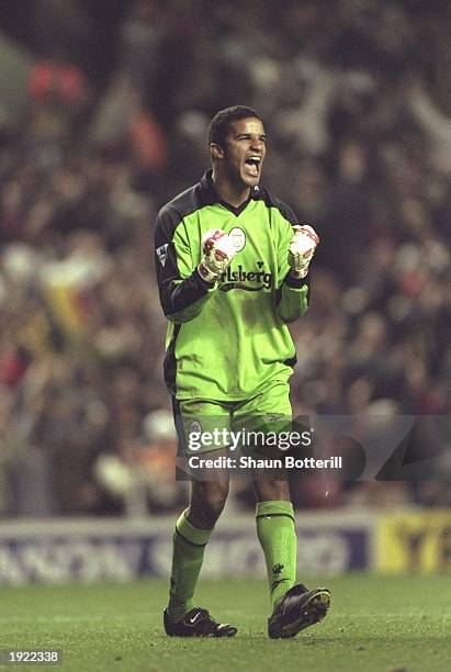 Liverpool goalkeeper David James shouts to his team mates during an FA Carling Premiership match against Aston Villa at Anfield in Liverpool,...