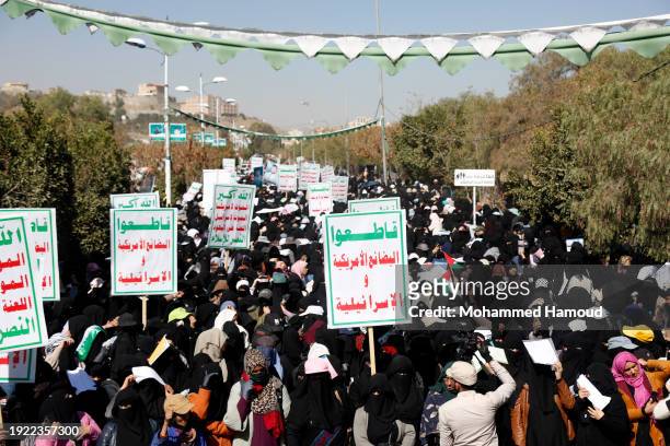 Yemeni university students protest against the Israeli war's countinuation and the skyrocketing number of civilian casualities on the Gaza Strip on...