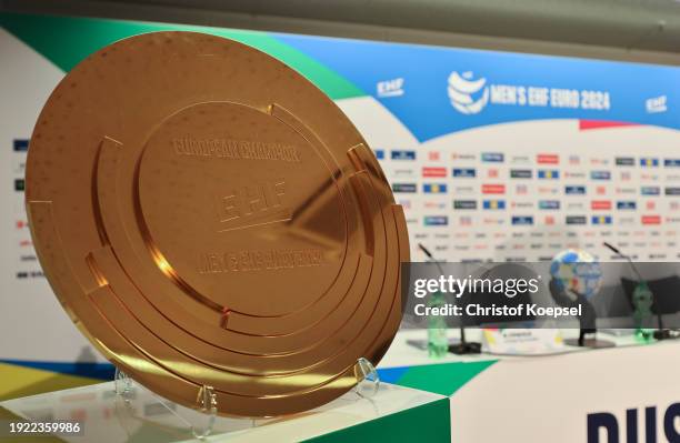 The winners trophy is pictured prior to the Men's EHF Euro 2024 preliminary round match between France and North Macedonia at Merkur Spiel-Arena on...