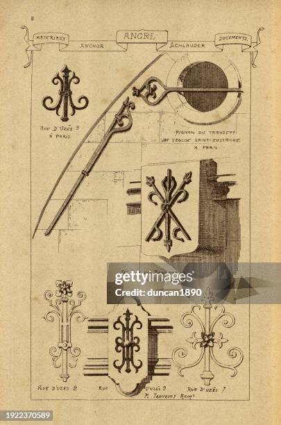 ilustraciones, imágenes clip art, dibujos animados e iconos de stock de ancla arquitectónica, herrería, historia de la arquitectura, decoración y diseño, arte, francés, victoriano, siglo xix - screw fastener
