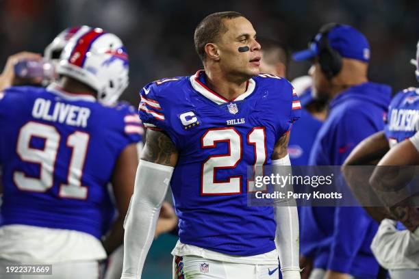 Jordan Poyer of the Buffalo Bills looks on from the field during an NFL football game against the Miami Dolphins at Hard Rock Stadium on January 7,...