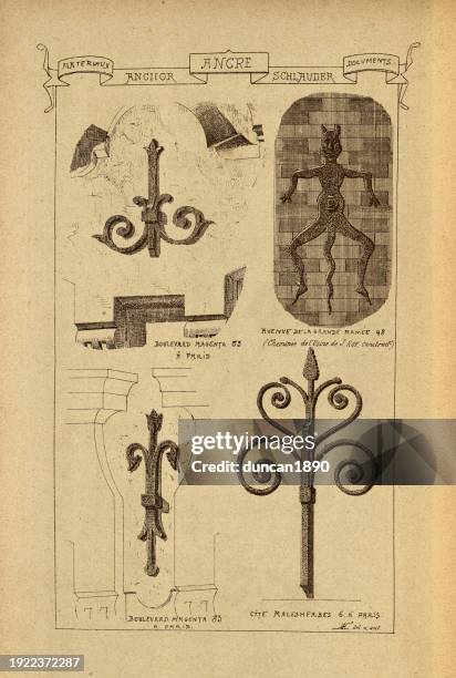 ilustraciones, imágenes clip art, dibujos animados e iconos de stock de ancla arquitectónica, herrería, historia de la arquitectura, decoración y diseño, arte, francés, victoriano, siglo xix - screw fastener