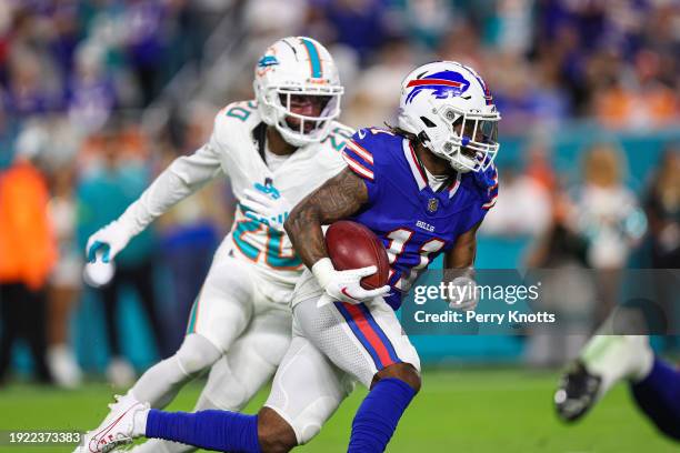 Deonte Harty of the Buffalo Bills runs the ball during an NFL football game against the Miami Dolphins at Hard Rock Stadium on January 7, 2024 in...