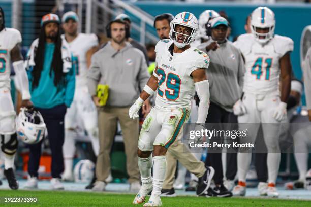 Brandon Jones of the Miami Dolphins reacts during an NFL football game against the Buffalo Bills at Hard Rock Stadium on January 7, 2024 in Miami...