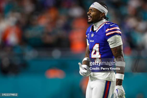 Stefon Diggs of the Buffalo Bills reacts during an NFL football game against the Miami Dolphins at Hard Rock Stadium on January 7, 2024 in Miami...