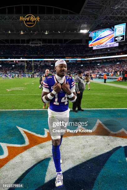 Stefon Diggs of the Buffalo Bills celebrates after an NFL football game against the Miami Dolphins at Hard Rock Stadium on January 7, 2024 in Miami...