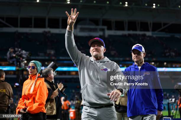 Sean McDermott of the Buffalo Bills celebrates after an NFL football game against the Miami Dolphins at Hard Rock Stadium on January 7, 2024 in Miami...