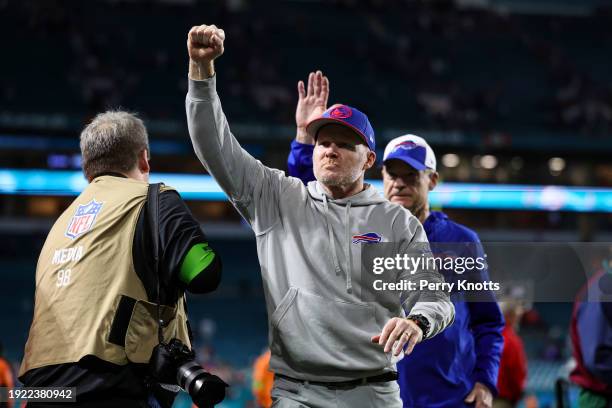 Sean McDermott of the Buffalo Bills celebrates after an NFL football game against the Miami Dolphins at Hard Rock Stadium on January 7, 2024 in Miami...