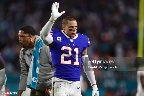 Jordan Poyer of the Buffalo Bills celebrates after an NFL football game against the Miami Dolphins at Hard Rock Stadium on January 7, 2024 in Miami...