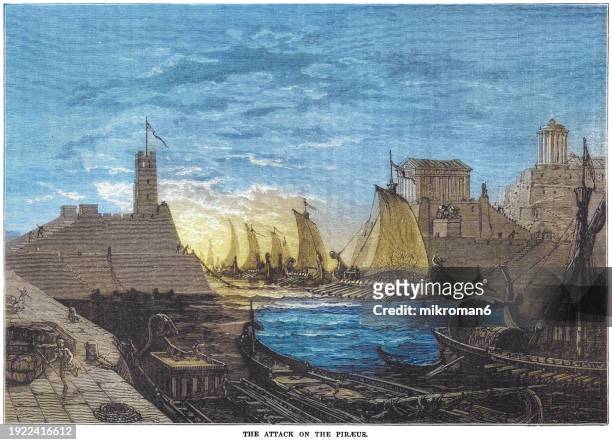 old engraved illustration of spartan fleet under lysander (spartan military and political leader) blockading piraeus, 404 bc - central greece stock pictures, royalty-free photos & images