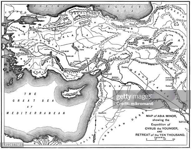 old engraved map of asia minor showing the expedition of cyrus the younger and retreat of the ten thousand - anatolia stock pictures, royalty-free photos & images