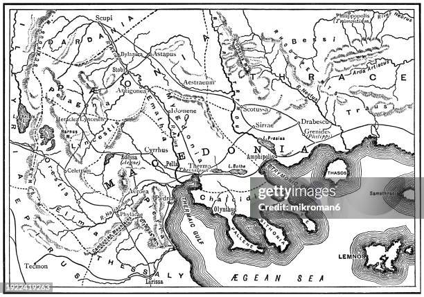 old engraved map of macedonia also called macedon, an ancient kingdom on the periphery of archaic and classical greece, which later became the dominant state of hellenistic greece - corinthian stock pictures, royalty-free photos & images