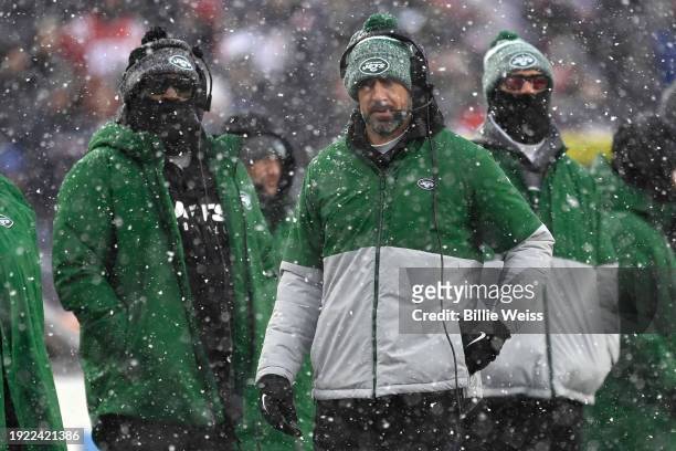 Aaron Rodgers of the New York Jets looks on during a game against the New England Patriots at Gillette Stadium on January 7, 2024 in Foxborough,...