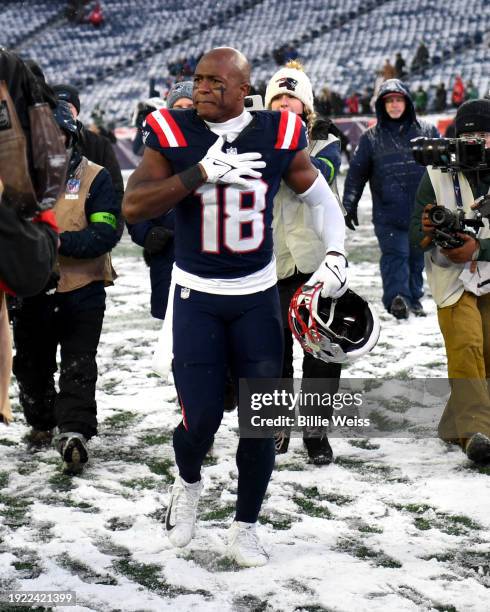 Matthew Slater of the New England Patriots reacts after a game against the New York Jets at Gillette Stadium on January 7, 2024 in Foxborough,...