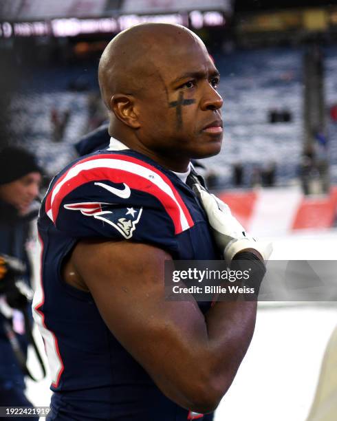 Matthew Slater of the New England Patriots reacts after a game against the New York Jets at Gillette Stadium on January 7, 2024 in Foxborough,...