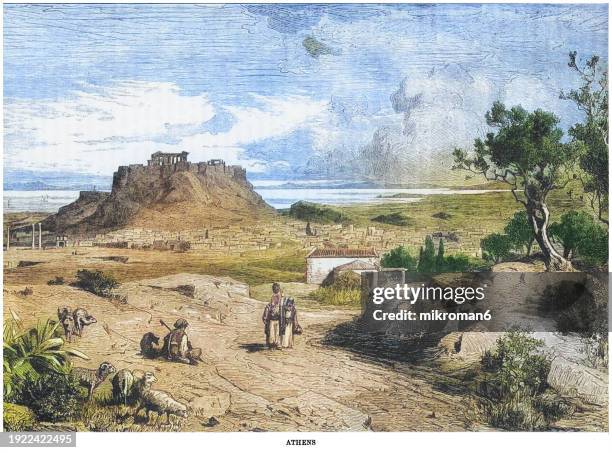 old engraved illustration of ancient city athens - central greece stock pictures, royalty-free photos & images