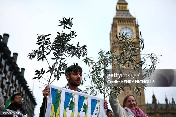 Pro-Palestinian activists and supporters hold olive branches as peace symbols in front of the Elizabeth Tower, commonly known by the name of the...