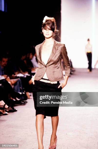 Model Caitriona Balfe walks in the DKNY Spring 2003 Ready to Wear Runway Show on September 19 in New York City.