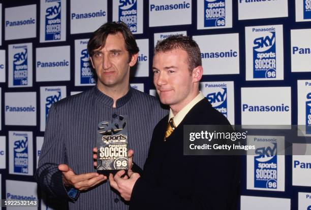 England striker Alan Shearer pictured with actor Jimmy Nail at the 1996 Panasonic Sky Sports Football Awards in London, England.