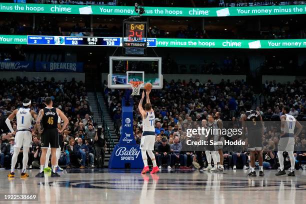 Luka Doncic of the Dallas Mavericks shoots a free throw during the second half against the Memphis Grizzlies at American Airlines Center on January...