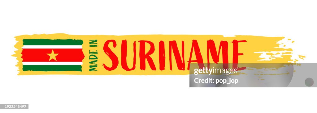 Made in Suriname - grunge style vector illustration. Flag of Suriname and text on Brush Stroke isolated on white background