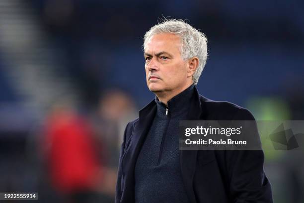 Jose Mourinho, Head Coach of AS Roma, looks on during the warm up prior to the Coppa Italia match between SS Lazio and AS Roma at Stadio Olimpico on...