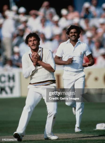 India bowler Roger Binny celebrates after catching Australia batsman Graham Yallop off his own bowling as India go on to beat Australia by 118 runs...