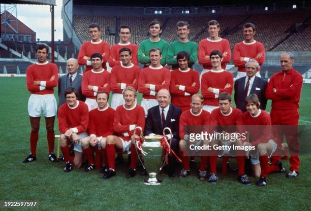 Manchester United squad 1968-69 pre season pictured with the European Cup Bill Foulkes, John Aston, Jimmy Rimmer, Alex Stepney, Alan Gowling, David...