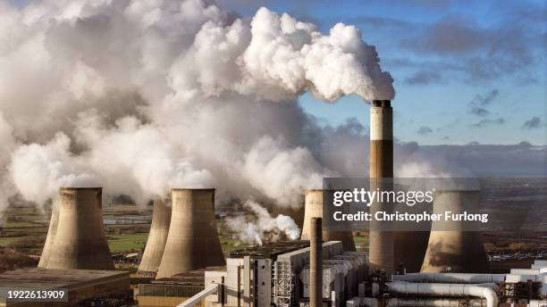 An aerial view of the Ratcliffe On Soar Power Station emitting steam on January 10, 2024 in Nottingham, England. Ratcliffe On Soar power station,...