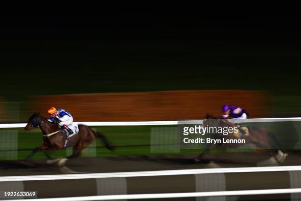 Shane Kelly riding Ballybaymoonshiner in action on his way to victory in The Try Unibet's New Acca Boosts Classsified Stakes at Kempton Park on...
