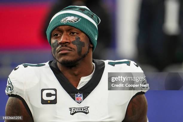 Brown of the Philadelphia Eagles looks on from the sideline prior to an NFL football game against the New York Giants at MetLife Stadium on January...