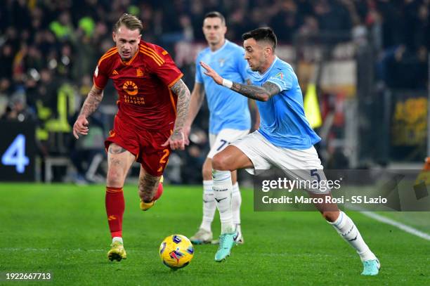 Matias Vecino of SS Lazio compete for the ball with Rick Karsdrop of AS Roma during the Coppa Italia match between SS Lazio and AS Roma at Stadio...
