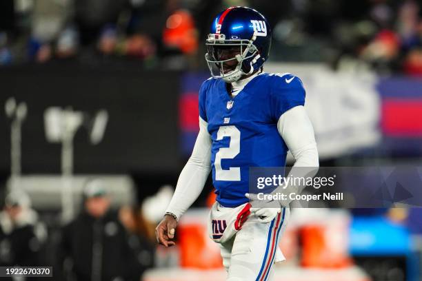 Tyrod Taylor of the New York Giants looks on from the field during an NFL football game against the Philadelphia Eagles at MetLife Stadium on January...