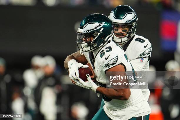 Rashaad Penny of the Philadelphia Eagles runs the ball during an NFL football game against the New York Giants at MetLife Stadium on January 7, 2024...